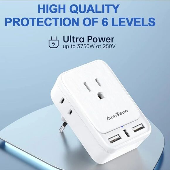 Travel 5 Foot 9 in 1 Power Strip And Type C Plug Adapter Cruise Bundle - Picture 15 of 16